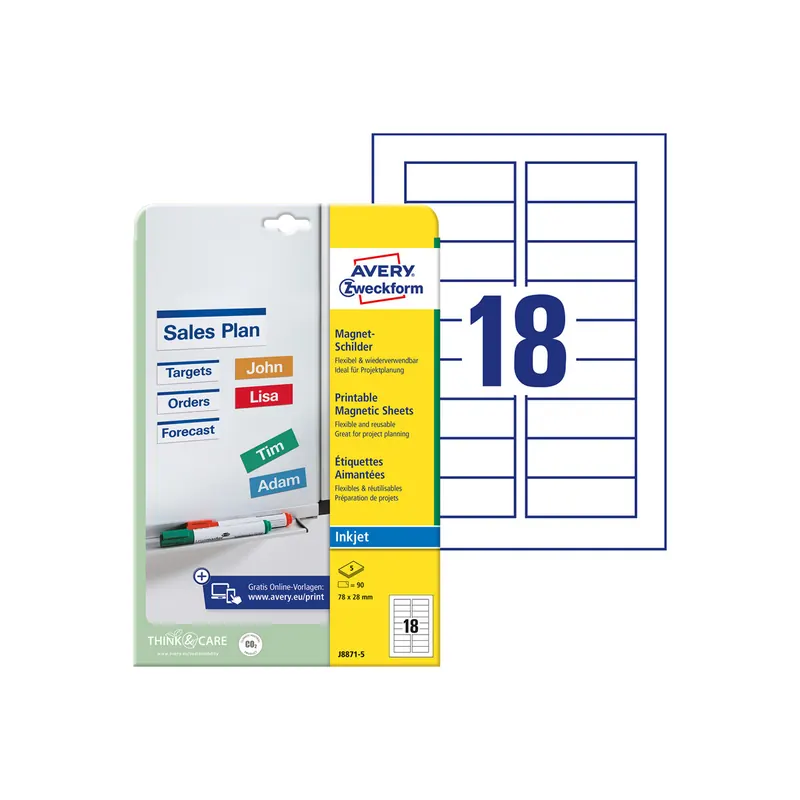 Magnetschilder Avery Zweckform J8871 - 28 x 78 mm weiß perforiert für Inkjetdrucker Pckg/90