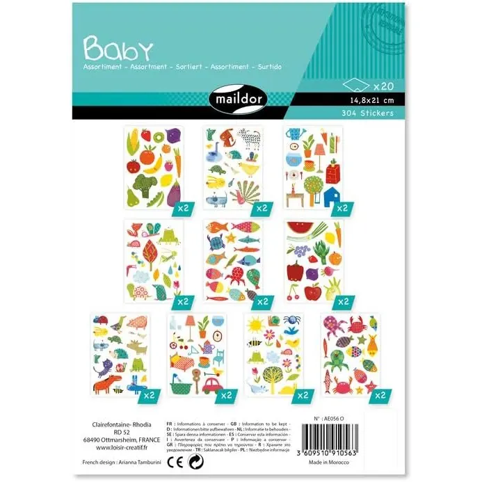 Maildor AE056O Baby Stickers Packung (mit 20 Bögen in Format DIN A5, 14,8 x 21cm, ideal für Kinder ab 2 Jahren) 1 Pack bunt
