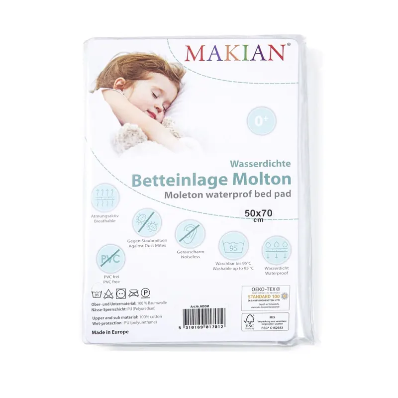 MAKIAN Betteinlage Molton wasserdicht 50x70cm Matratzenschutz für Babybett