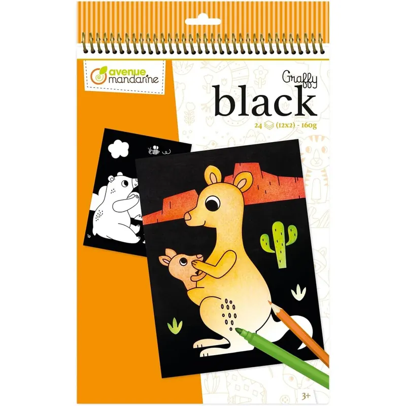 MY MANDARINE GY158C - Malblock Graffy Black, 24 Blatt (12 Designs x2), 160g Zeichenpapier in Schwarz, ab 3 Jahren, Tiere der Welt, 1 Stück