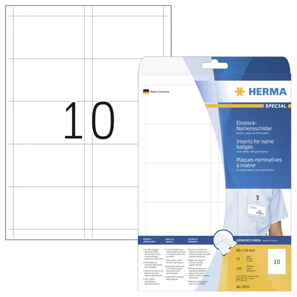 Namensschild Einsteckschild Herma 9011 - 54 x 90 mm weiß perforiert für Inkjet-, Laser-, Farblaserdrucker und Kopierer Pckg/250