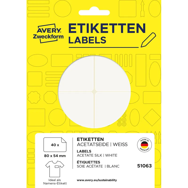 Namensschild Etikett Avery Zweckform 51063 - 80 x 54 mm weiß ablösbar 120 g/m², Acetatseide für Handbeschriftung Pckg/40