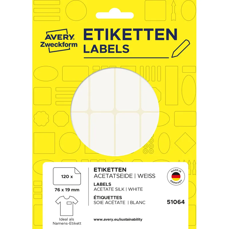 Namensschild Etikett Avery Zweckform 51064 - 76 x 19 mm weiß ablösbar 120 g/m², Acetatseide für Handbeschriftung Pckg/120