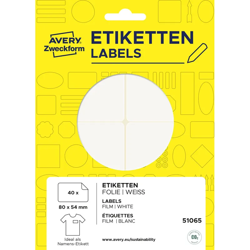 Namensschild Etikett Avery Zweckform 51065 - 80 x 54 mm weiß ablösbar 189 g/m², Folie für Handbeschriftung Pckg/40