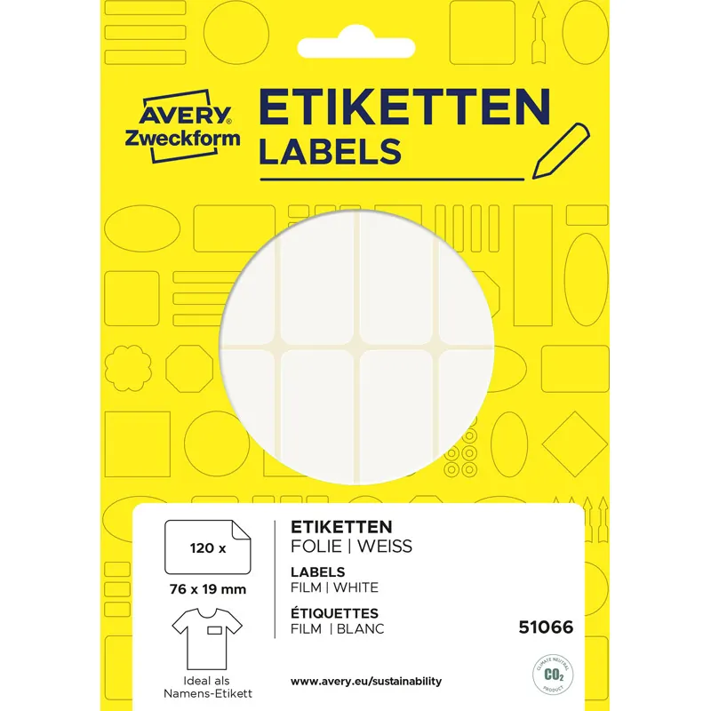 Namensschild Etikett Avery Zweckform 51066 - 76 x 19 mm weiß ablösbar 189 g/m², Folie für Handbeschriftung Pckg/120