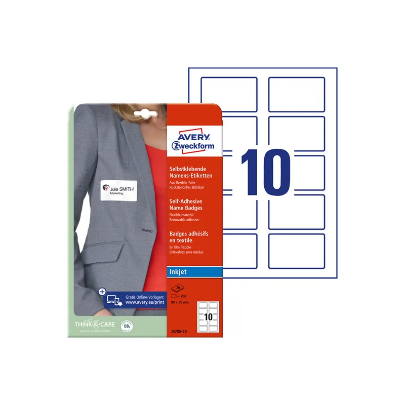Namensschild Etikett Avery Zweckform J4785 - A4 80 x 50 mm weiß ablösbar Acetatseide für Inkjetdrucker Pckg/200