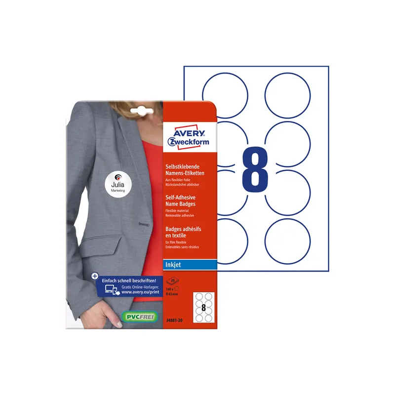 Namensschild Etikett Avery Zweckform J4881 - A4 Ø 65 mm weiß ablösbar Folie für Inkjetdrucker Pckg/160