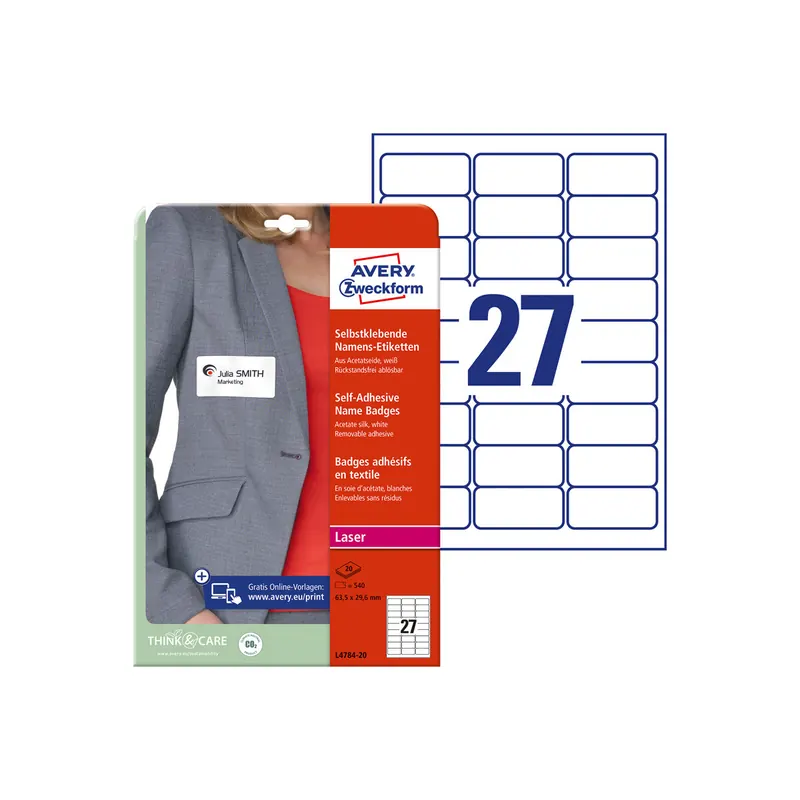 Namensschild Etikett Avery Zweckform L4784 - A4 63,5 x 29,6 mm weiß ablösbar Acetatseide für Laserdrucker, Kopierer Pckg/540