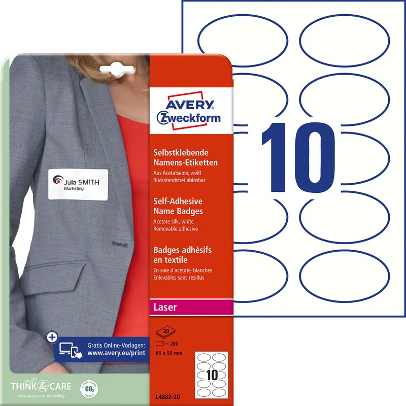 Namensschild Etikett Avery Zweckform L4882 - A4 85 x 50 mm weiß ablösbar ACetatseide für Laserdrucker Pckg/200
