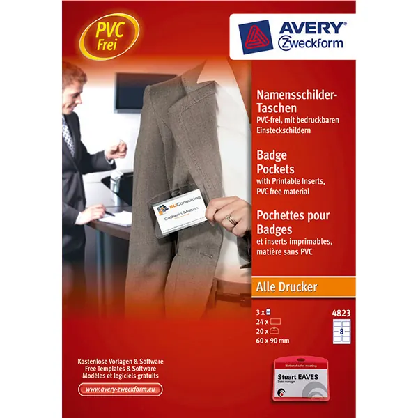 Namensschild Tasche Avery Zweckform 4823 - 60 x 90 mm transparent geschlossen Pckg/24+20
