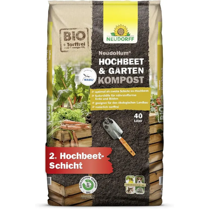 Neudorff NeudoHum Hochbeet- & GartenKompost – Torffreier Bio-Kompost ideal als zweite Schicht im Hochbeet, unkrautfrei und nährstoffreich, 40 Liter, 01004