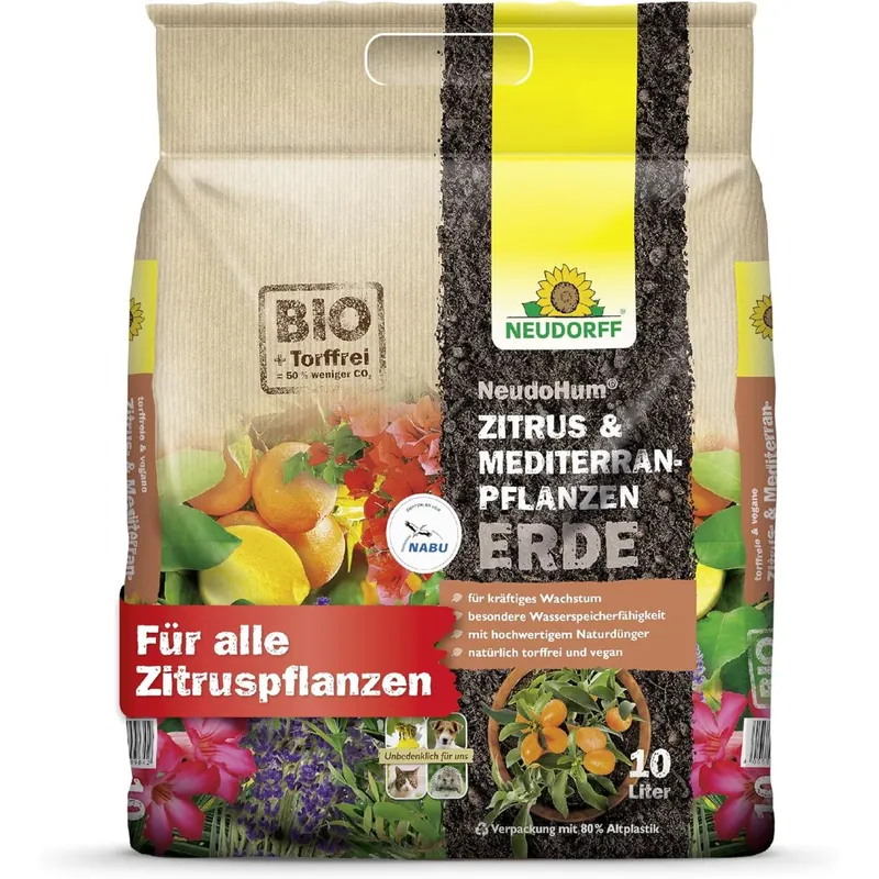 Neudorff NeudoHum Zitruserde 10L - torffreie mediterrane PflanzenErde - Bio Olivenbaum Erde für alle Mediterranpflanzen wie z.B. Palmen, Oleander und Zitronen - Zitruspflanzenerde ohne Torf,0964