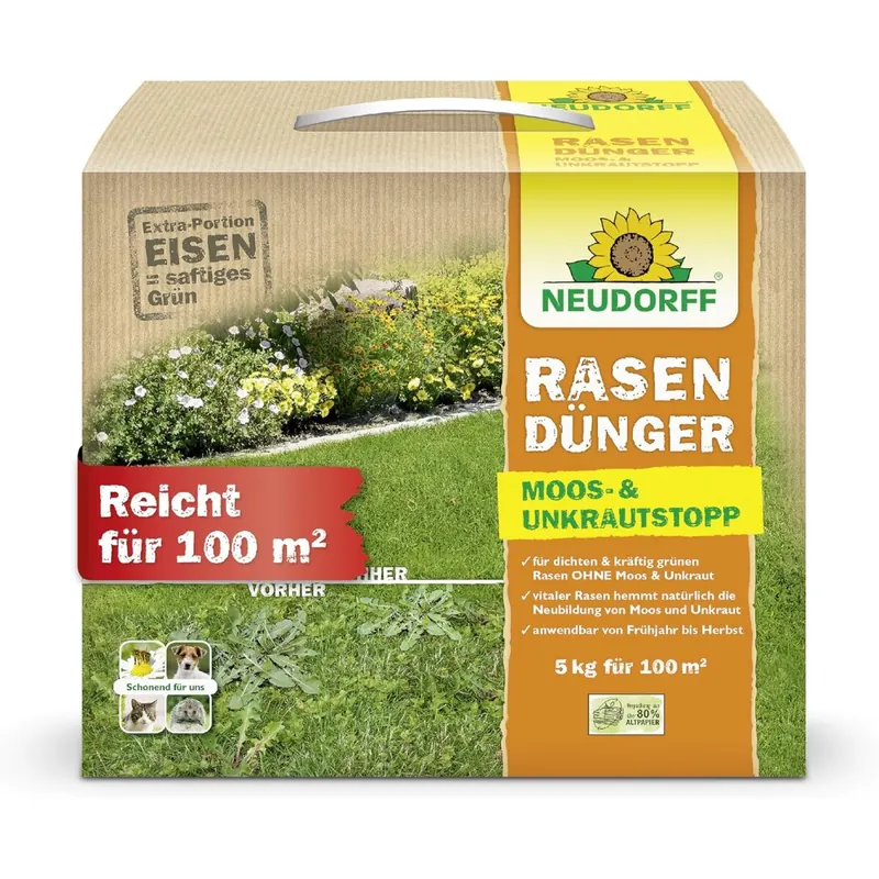 Neudorff RasenDünger Moos- und UnkrautStopp 5 kg für 100 m² mit Eisen und Kalium sorgt für einen dichten, grünen Rasen ohne Moos und Unkraut - schonend für Haustiere