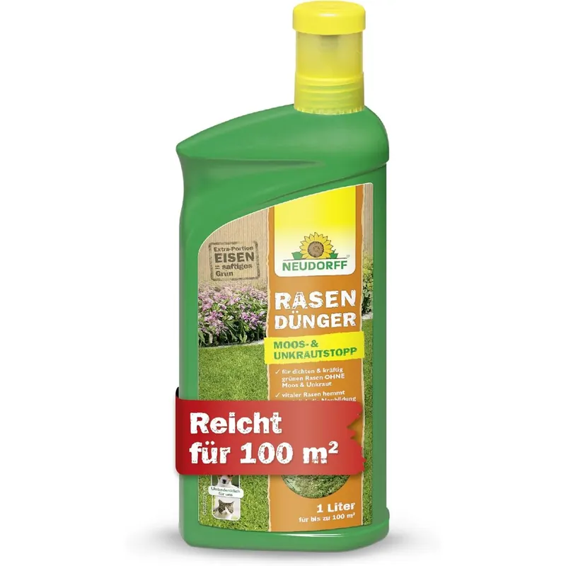 Neudorff RasenDünger Moos- & UnkrautStopp – Rasendünger mit Eisen und Kalium sorgt für einen dichten, grünen Rasen ohne Moos und Unkraut, 1 Liter für 100 m², 01281