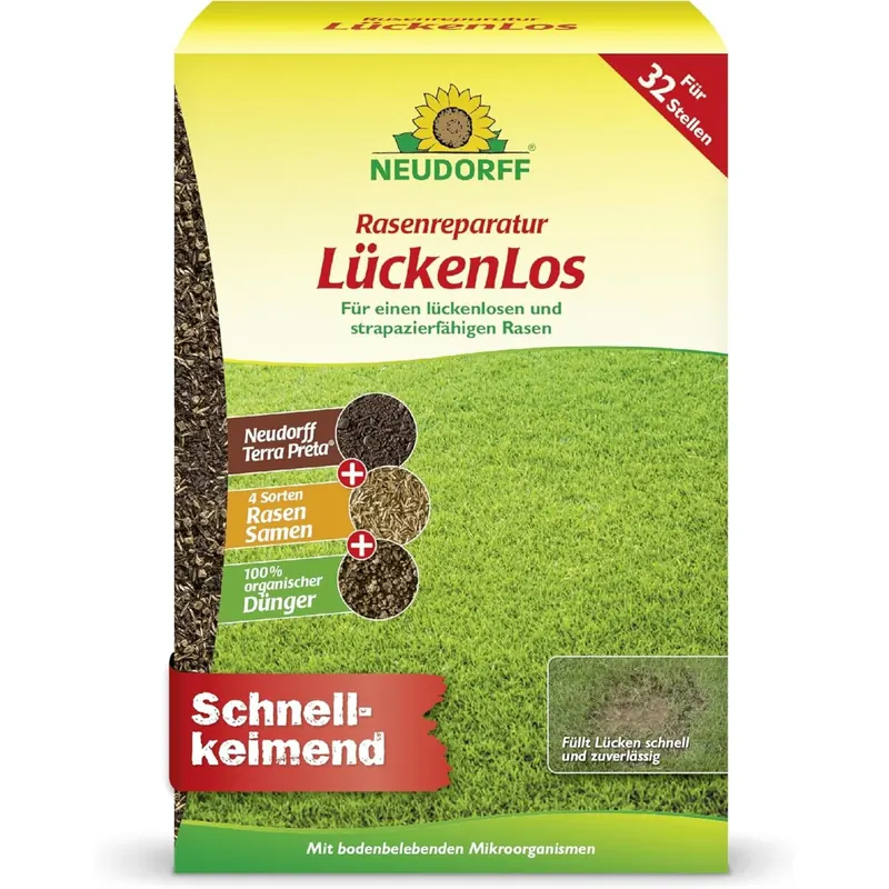 Neudorff Rasenreparatur LückenLos – Zur Ausbesserung von 32 Lücken für einen dauerhaften, strapazierfähigen und grünen Rasen, schnellkeimend, 2,5 kg,01309