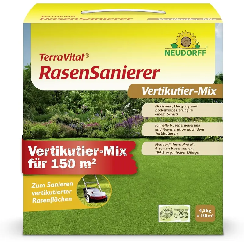Neudorff TerraVital RasenSanierer – Vertikutier-Mix für 150 m² zur Neuanlage und Ausbesserung lückenhafter Rasenflächen nach dem Vertikutieren, schnellkeimend, 4,5 kg, 01308