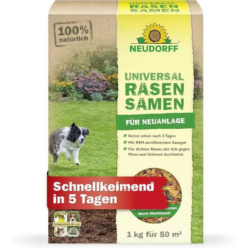 Neudorff UniversalRasenSamen für 100 m² – Schnellkeimende Rasensamen für die Neuanlage oder Nachsaat jeder Gartenfläche. Für dichten Rasen gegen Moos und Unkraut, 2 kg, 01505
