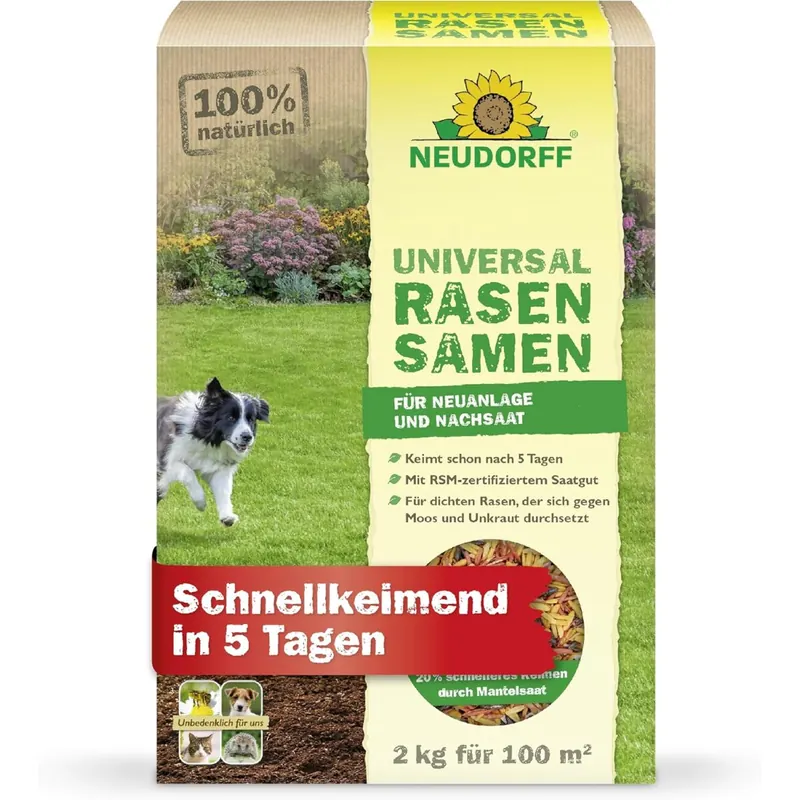 Neudorff UniversalRasenSamen – Hochwertige Rasensamen für die Neuanlage oder Nachsaat jeder Gartenfläche für 100 m². Schnellkeimend in nur 5 Tagen, 2 kg, 01282