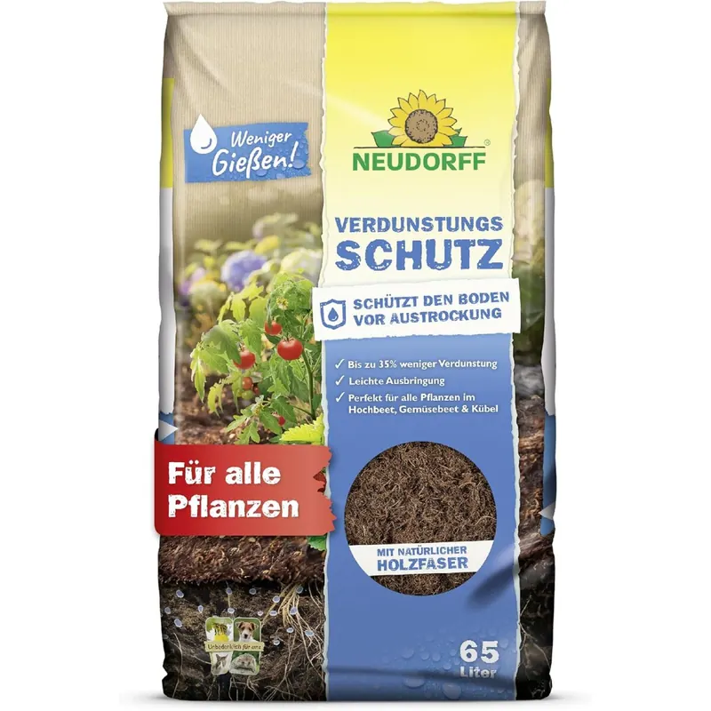 Neudorff Verdunstungsschutz – Schützt den Boden vor Austrocknung und Verdunstung von Wasser. Weniger gießen, auch in Trockenperioden, 65 Liter, 01024