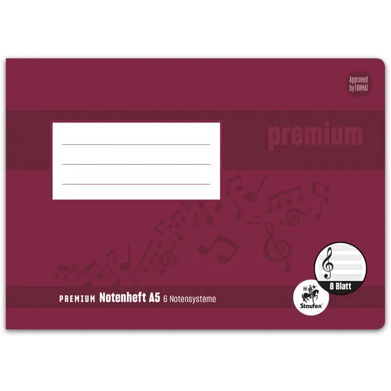 Notenheft Staufen Premium Academy 734010114 - A5 quer 148 x 210 mm Lineatur14 6 Notensysteme 8 Blatt hochweißes Premiumpapier 90 g/m²