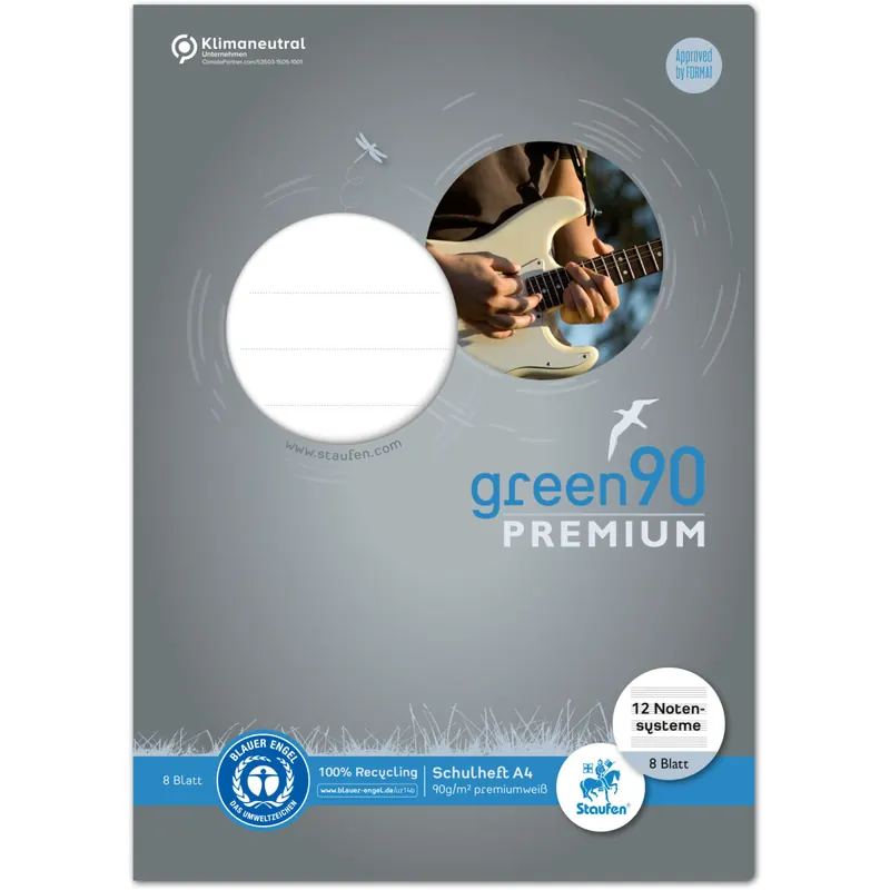 Notenheft Staufen Recycling green90 Premium 040790014 - A4 210 x 297 mm Lineatur14 12 Notensysteme Blauer Engel 8 Blatt premiumweißes Recyclingpapier 90 g/m²