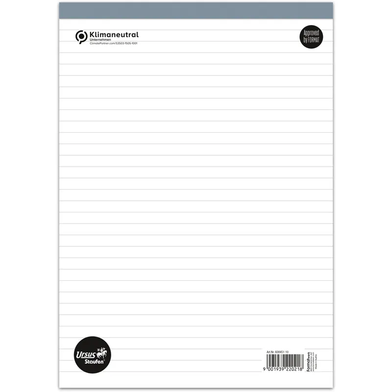 Notizblock Staufen 60845110 - A4 210 x 297 mm weiß liniert 50 Blatt klimaneutral extraweißes Qualitätspapier 60 g/m²