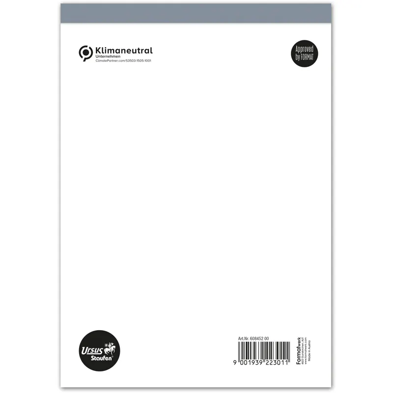 Notizblock Staufen 60845200 - A5 148 x 210 mm weiß blanko 50 Blatt klimaneutral extraweißes Qualitätspapier 60 g/m²
