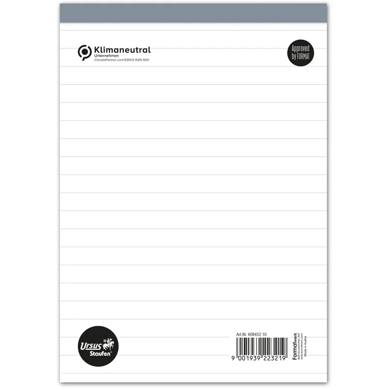 Notizblock Staufen 60845210 - A5 148 x 210 mm weiß liniert 50 Blatt klimaneutral extraweißes Qualitätspapier 60 g/m²