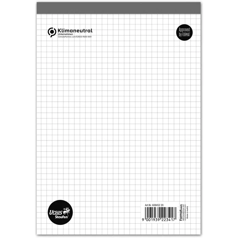 Notizblock Staufen 60845220 - A5 148 x 210 mm weiß kariert 50 Blatt klimaneutral extraweißes Qualitätspapier 60 g/m²
