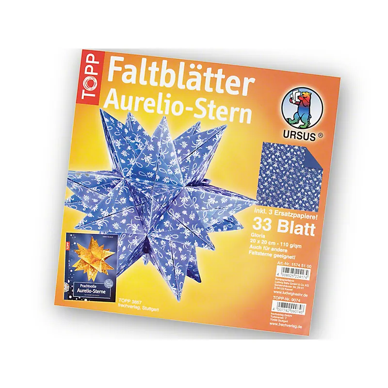 Origami Faltblätter, 20 x 20 cm, 110g/m², Aurelio-Stern "Gloria", blau/weiß, P/33 Blatt