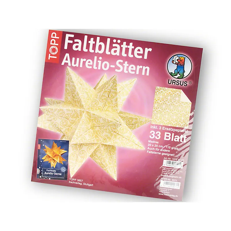 Origami Faltblätter, 20 x 20 cm, 110g/qm, Aurelio-Stern "Madras", gold/weiß, P/33 Blatt