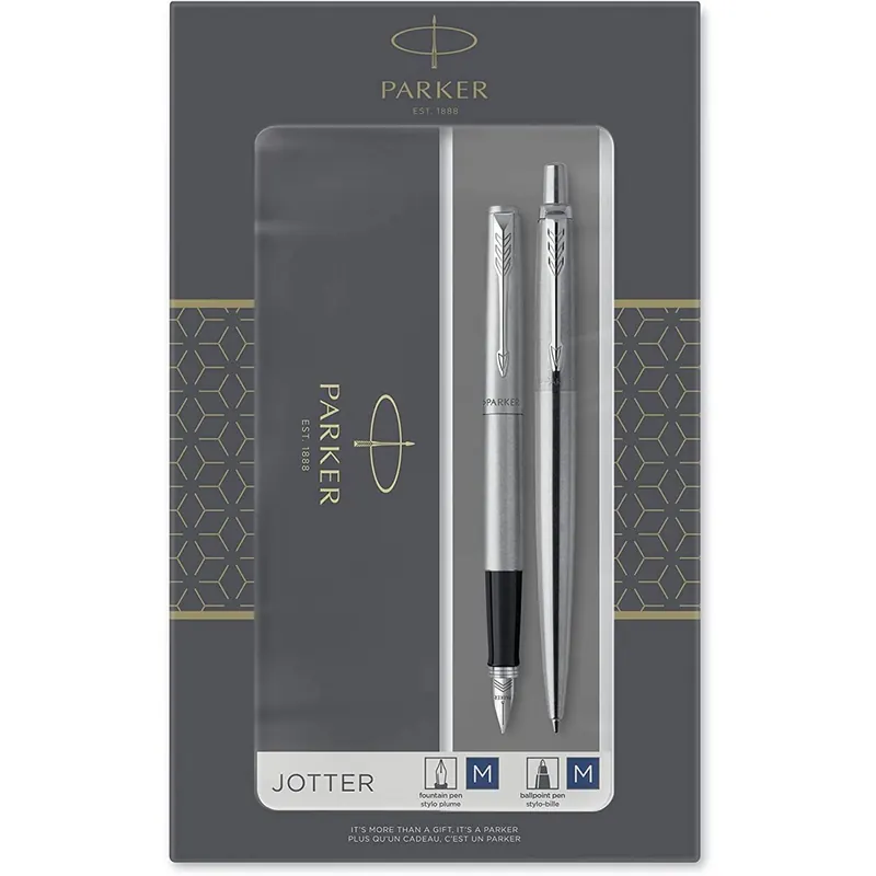 Parker Jotter Duo-Geschenkset mit Kugelschreiber und Füllfederhalter | Edelstahl mit Chromzierteilen | Nachfüllmine und -patronen mit blauer Tinte | Geschenkbox