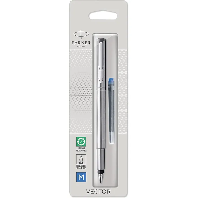 Parker Vector Füller | Edelstahl | Füllfederhalter Mittlere Spitze | Blau Tinte