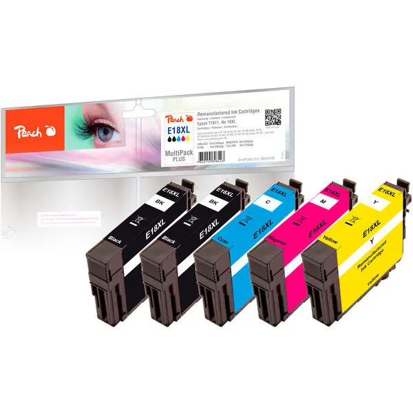 Peach MultiPack Plus ersetzt Epson 18XL, T1811, T1812, T1813, T1814, T1816 Kompatibel 5er-Pack Schwarz, Cyan, Magenta, Gelb PI200-273