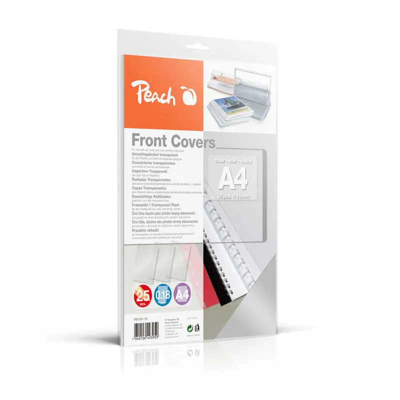 Peach PB100-15 Klarsicht Deckblätter transparent, 0.18 mm, A4, 25 Blatt, farblos