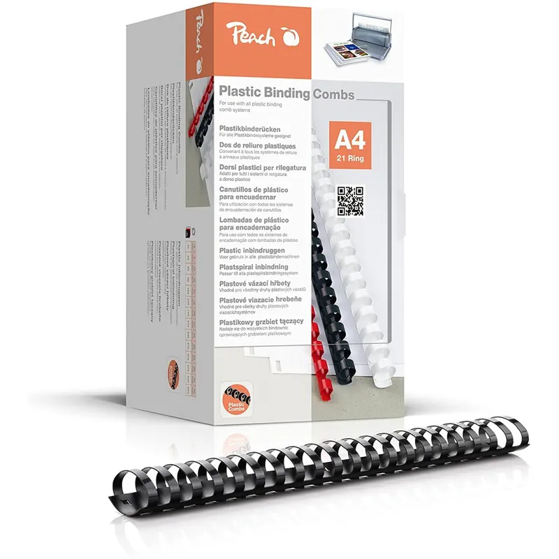 Peach PB444-02 Binderücken, Plastikbindung, DIN A4, Bindekapazität 440 Seiten, 50 Stück Schwarz