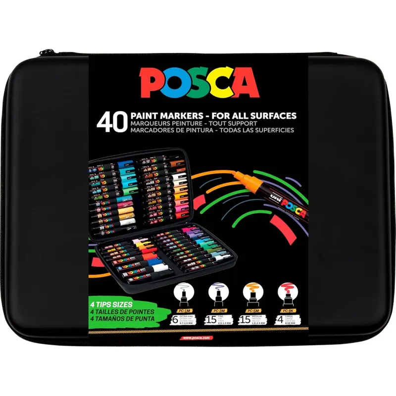 POSCA Uni-Ball 186840 Marker Set, 40 Acrylstifte in Strichbreiten PC-1MC, PC-3M, PC-5M, PC-8K