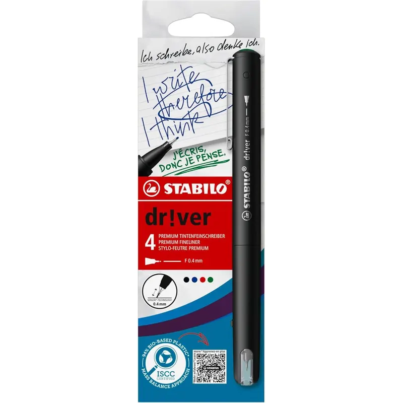 Premium-Fineliner - STABILO dr!ver - 4er Pack - grün, rot, blau, schwarz