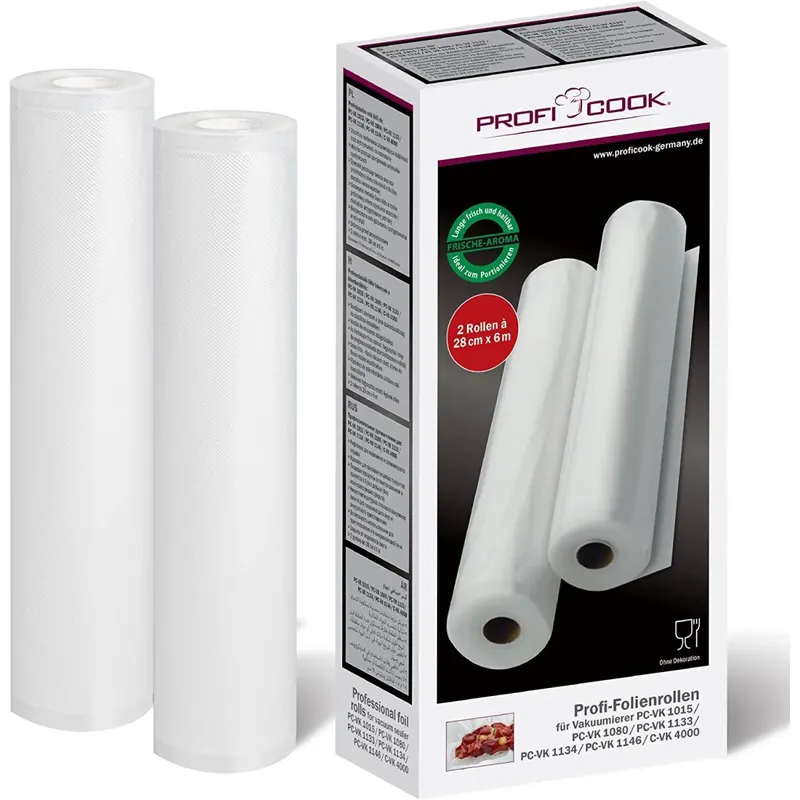 Profi Cook Profi-Folienrollen 28cm x 6m inkl. 2 Rollen, für alle Balken Vakuumierer und viele Folienschweißgeräte, sehr stark-reißfest und kochfest, Sous Vide geeignet, wiederverwendbare Folienrollen