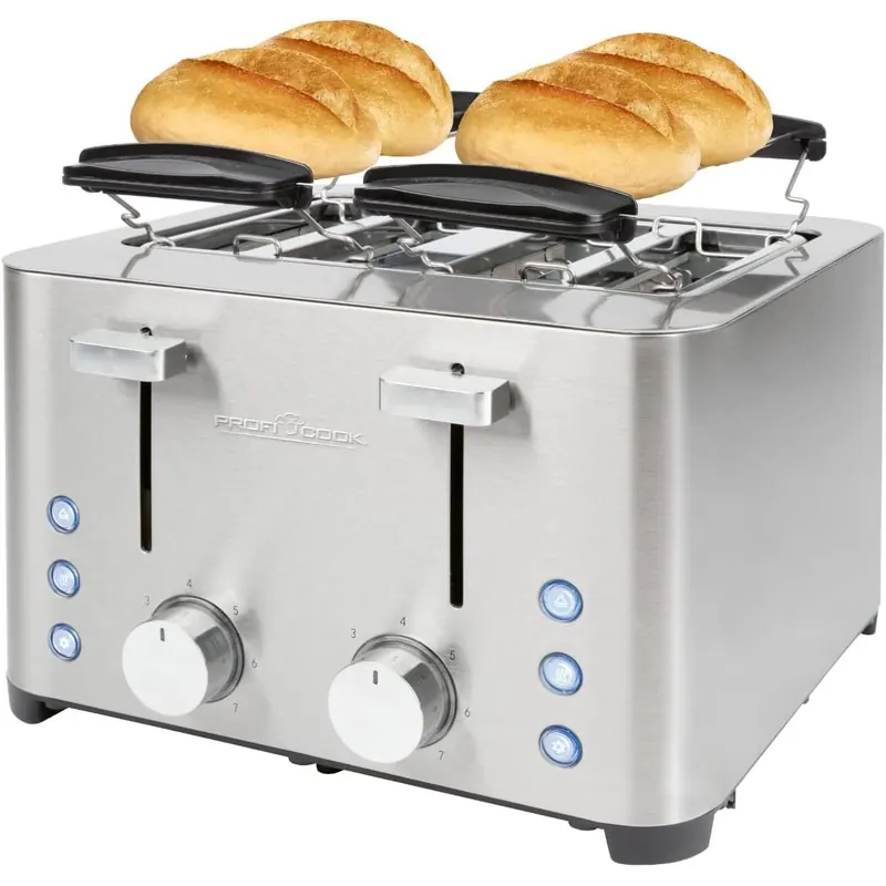 ProfiCook® Toaster | 4 Scheiben-Toaster | Edelstahlgehäuse | 1500 Watt | Wide Slot | Brötchenaufsatz (abnehmbar) | 7 einstellbare Bräunungsstufen | Krümelschublade | Kabelaufwicklung | PC-TA 1252