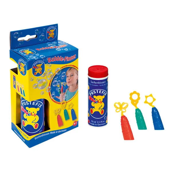 Pustefix – 3 Bubble-Finger + 70 ml Seifenblasenflüssigkeit – Seifenblasen – 3 Fingeraufsätze - Seifenblasen für Kinder & Erwachsene