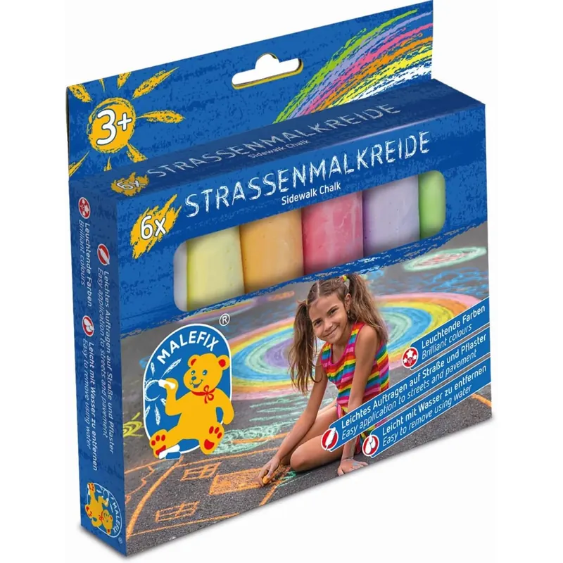 Pustefix MALEFIX Straßenmalkreide 6er Packung I Malkreide für Kinder und Erwachsene I Vielfalt an Farben I Leuchtend und Kräftig I Wasserlösliche und hochwertige Kreide I für Straße u. Hof