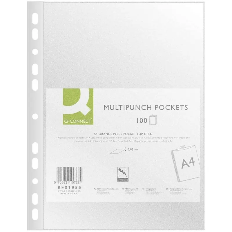 Q-Connect 19390 Tasche Polypropylen Eco perforiert genarbt antistatisch A4 6/100e 100 Stück 210 x 297 mm sortiert