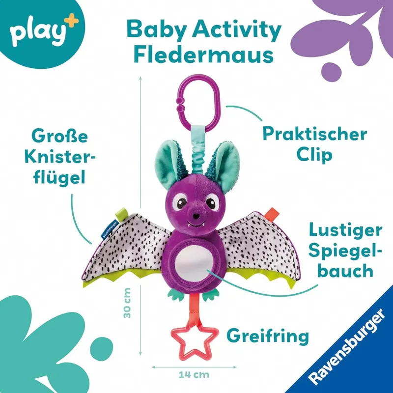 Ravensburger 12034051 Play+ Baby Activity-Fledermaus, Baby-Spielzeug ab 0 Monate, Kinderwagenspielzeug, Plüschtier