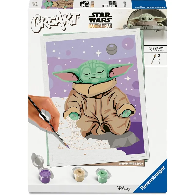 Ravensburger CreArt 12023140 - Star Wars Meditierender Grogu - Malen nach Zahlen Erwachsene - DIY Set mit Pinsel und Acrylfarben - Star Wars Geschenke - Deko Wohnzimmer
