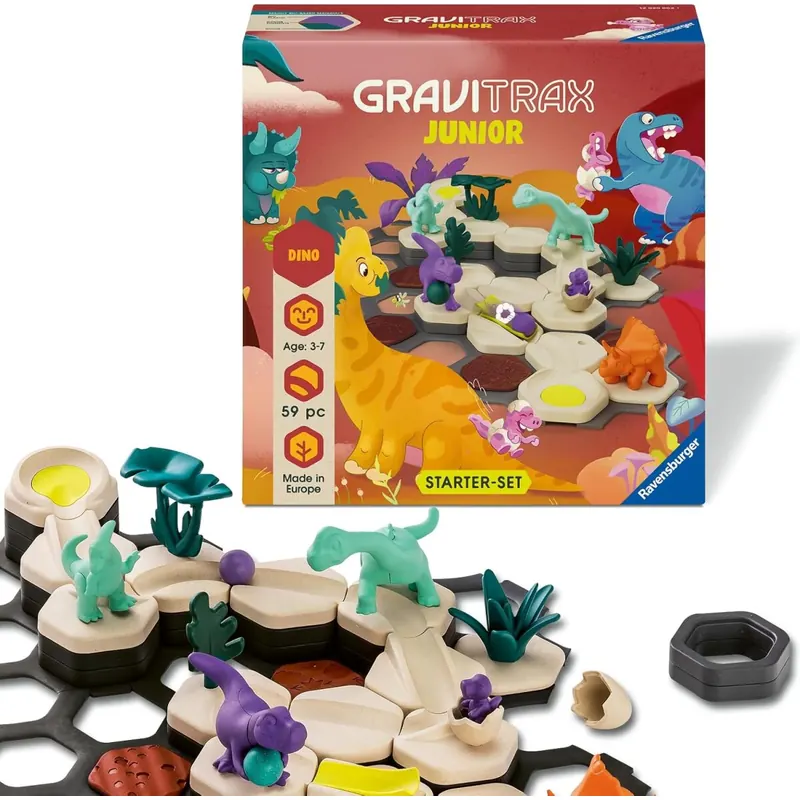 Ravensburger GraviTrax Junior Starter-Set S Dino 12020003 - Kugelbahn ab 3 Jahre - Murmelbahn und Konstruktionsspielzeug für Kinder - Dino Geschenk für Jungen und Mädchen
