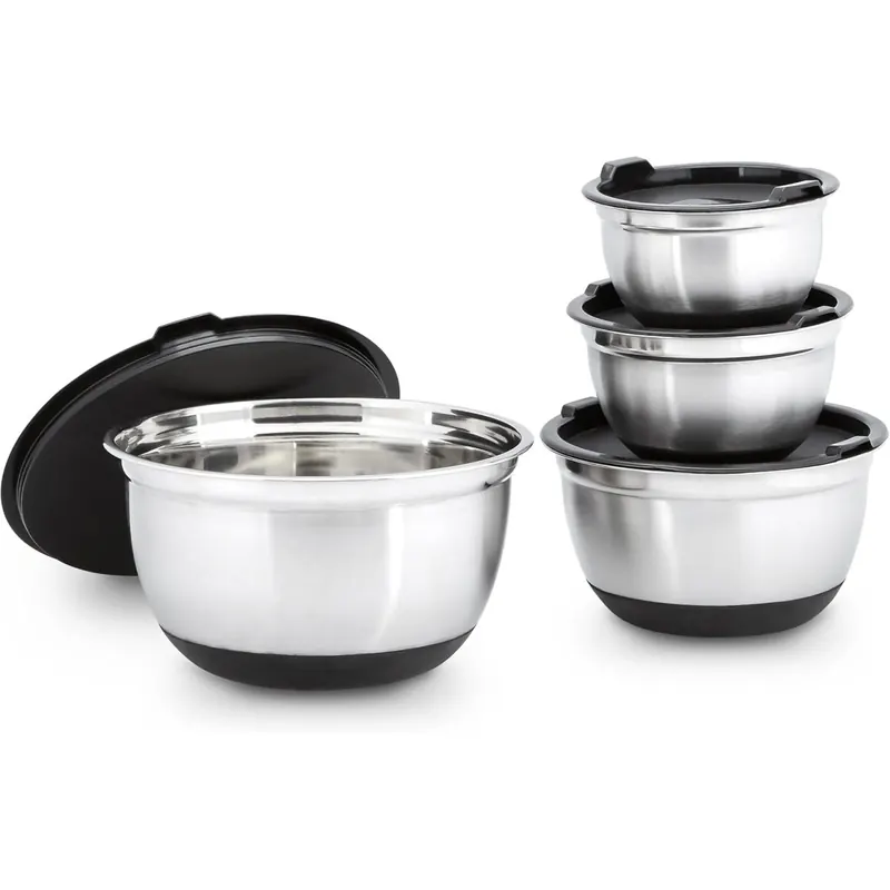 Relaxdays 360687 Schüssel Set BOWLY mit Deckel, HxBxT: ca. 14,5 x 25,5 x 25,5 cm, 4er Set, stapelbar, Edelstahl, Silber-schwarz