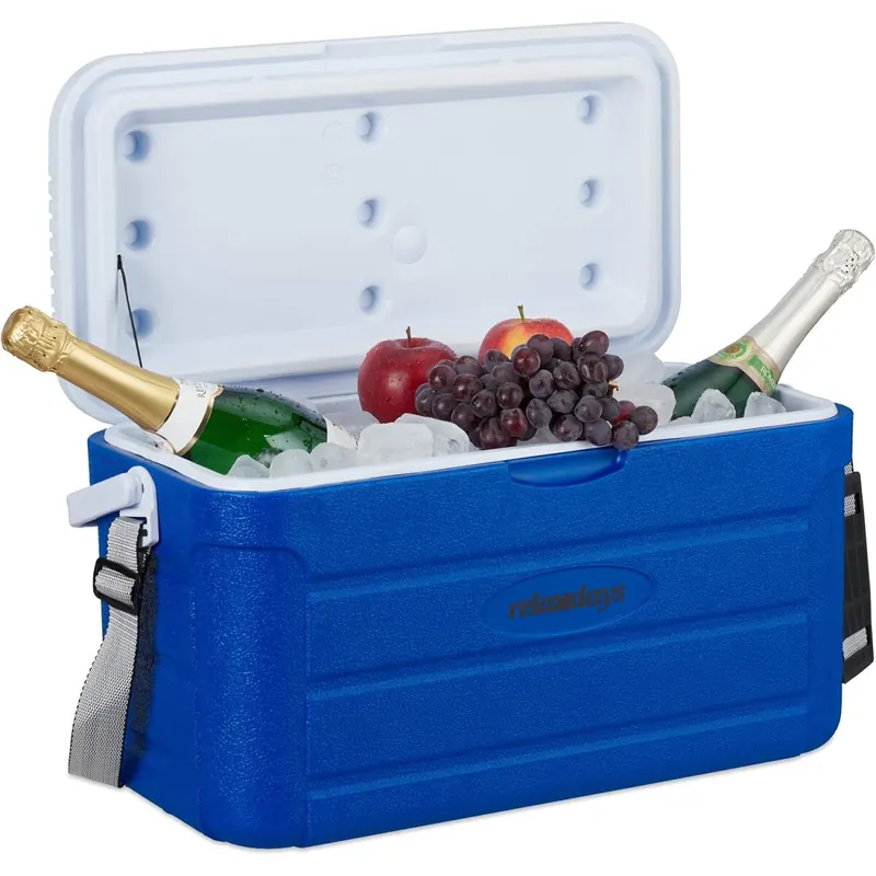 Relaxdays 382827 Kühlbox 20 l, Kühlkiste für unterwegs, Tragegurt & Griff, ohne Strom, Isolierbox, 29 x 52,5 x 26,5 cm, blau