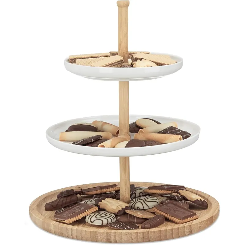 Relaxdays Etagere Bambus und Keramik, 3-stöckig, Servierplatte, DxH: 30 x 36 cm für Kekse, Obst, Knabberzeug, natur-weiß