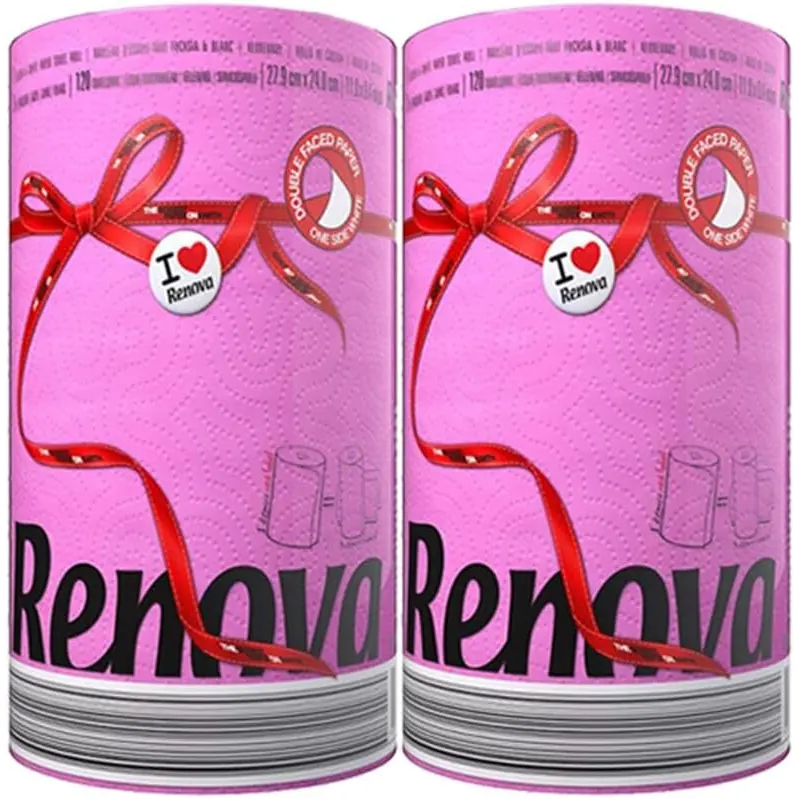 Renova Küchenrollen - 2er Pack Maxi Rolle Küchenpapier 2-lagig - Farbig Bunt - Papierrolle Allzwecktücher - 2 Maxi = 6 Standard Rollen - 2x 120 Blatt